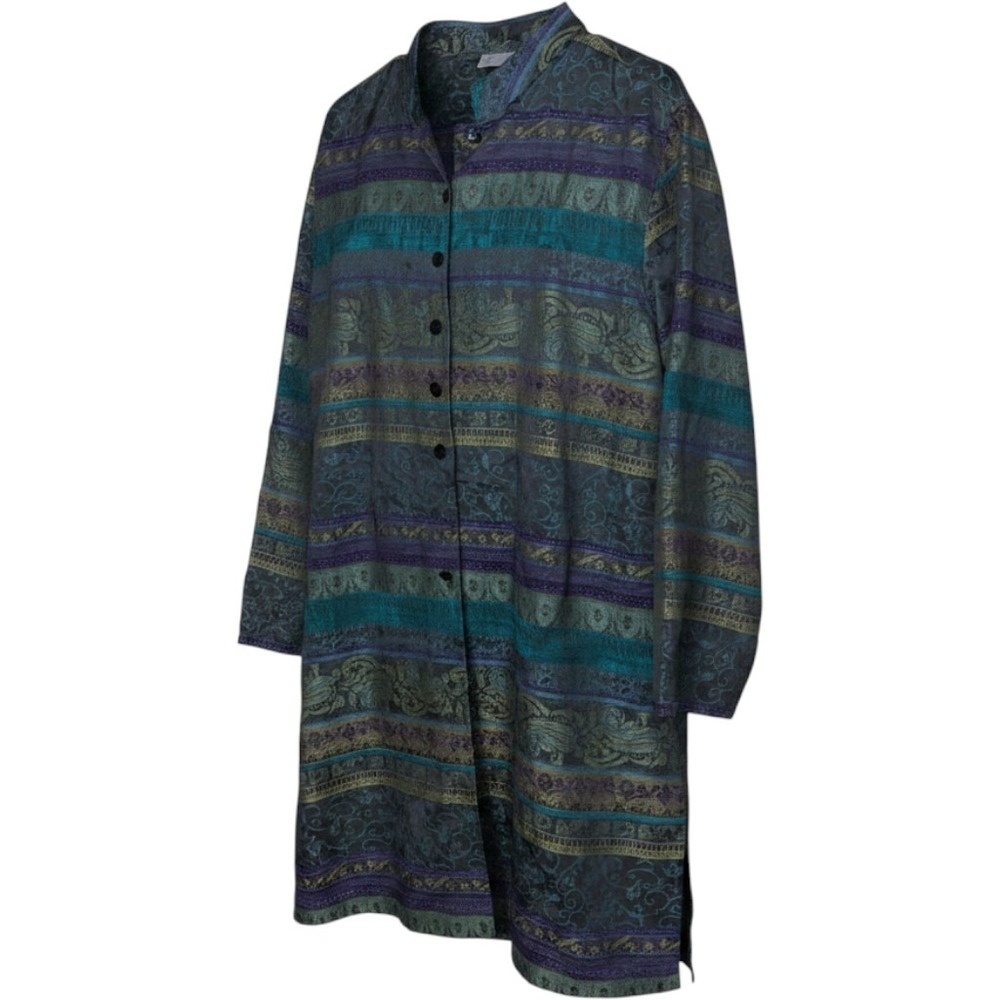 Chico's Women Teal Purple Gold Paisley Tapestry Mandarin Collar‎ Longline Jacket